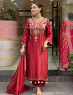 Maroon Chanderi Embroidered Kurti Set