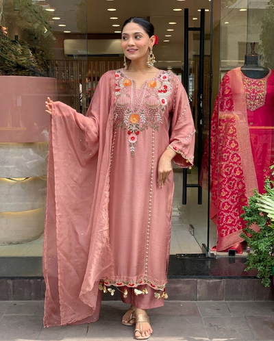 Peach Chanderi Embroidered Kurti Set