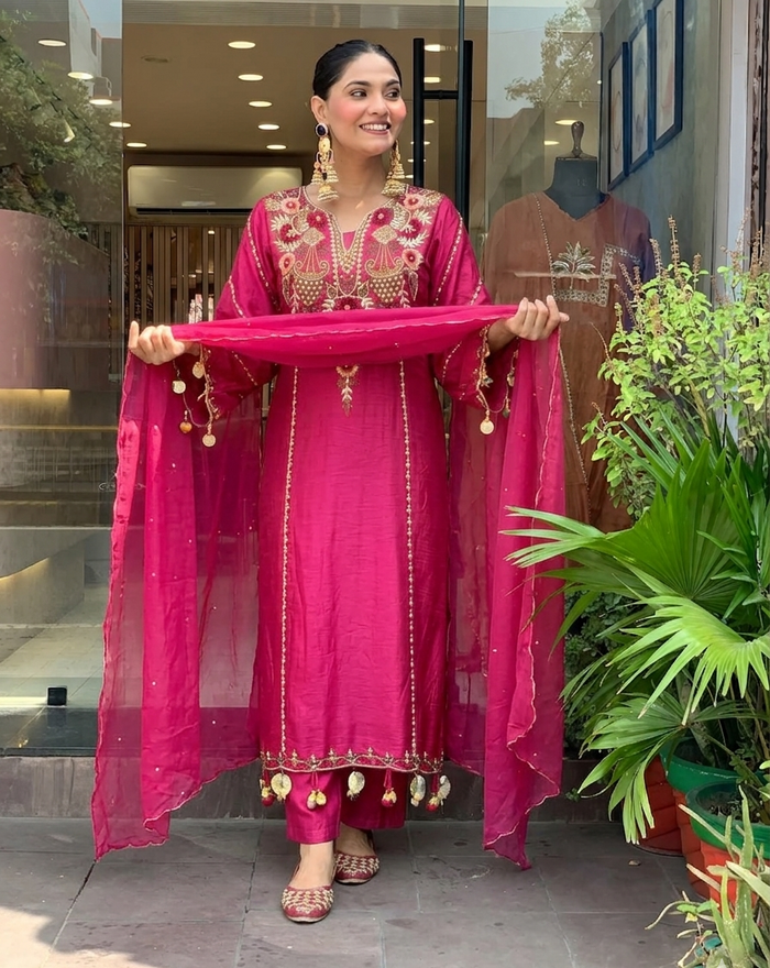Pink Chanderi Embroidered Kurti Set