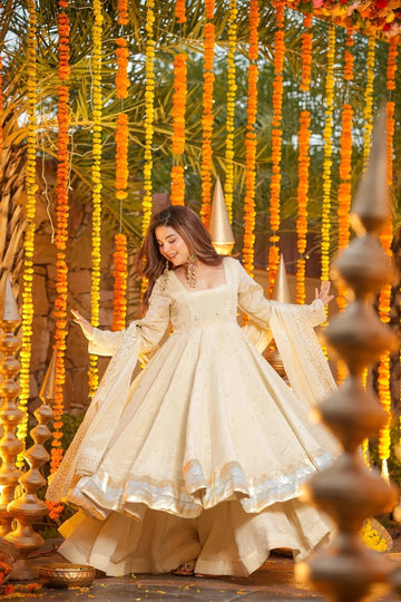 Cream Chinnon Foil Print Kurti Palazzo Set
