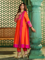 Orange Chanderi Cotton Embroidered Kurti Set