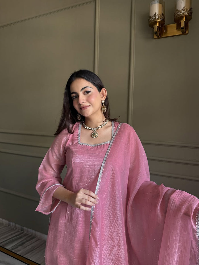 Pink Zardosi Crunchy Silk Patiala Suit Set