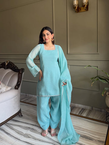 Sky Blue Zardosi Crunchy Silk Patiala Suit Set