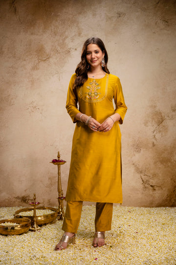 Mustard Yellow Embroidered Kurta Pant Set