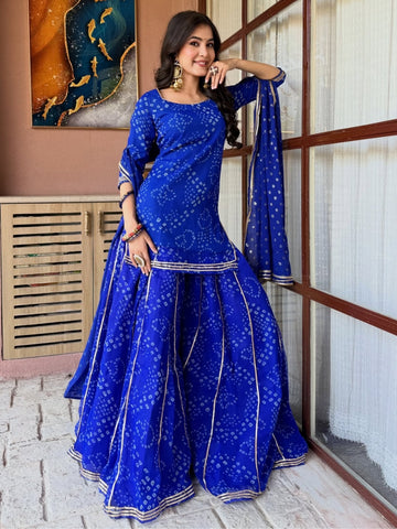 Royal Blue Bandhani Sharara Suit Set