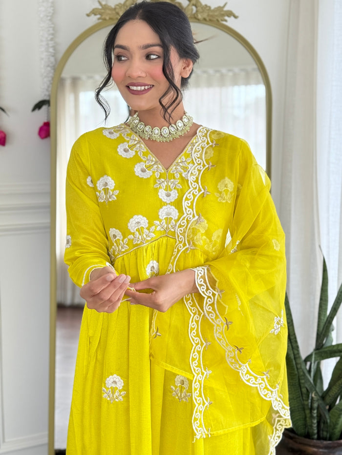 Lemon Embroidered Vichitra Silk Kurta Pant Set