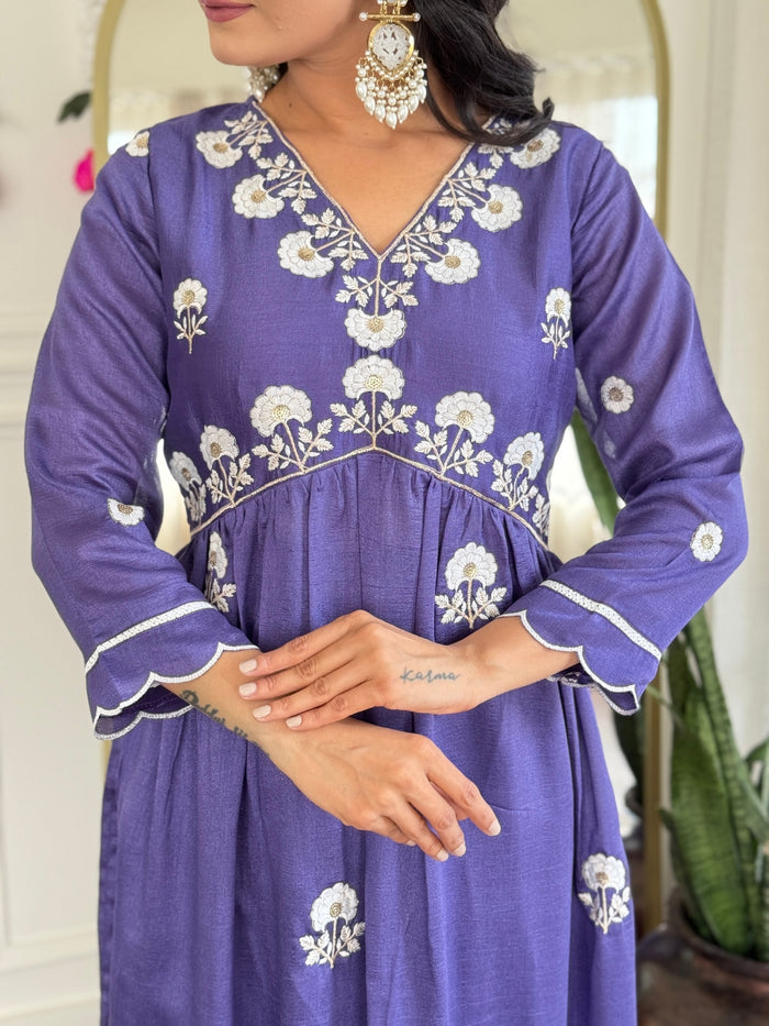Purple Embroidered Vichitra Silk Kurta Pant Set