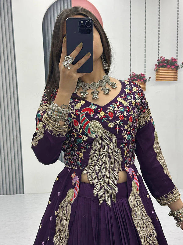 Royal Purple Vichitra Silk Embroidered Lehenga Choli Set