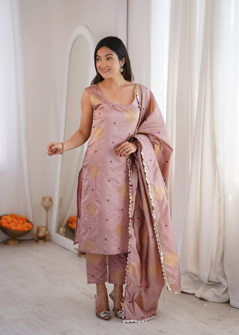 Peach Aura Chanderi Jacquard Suit Set
