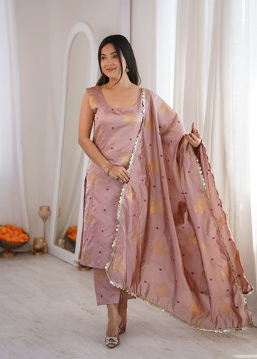 Peach Aura Chanderi Jacquard Suit Set