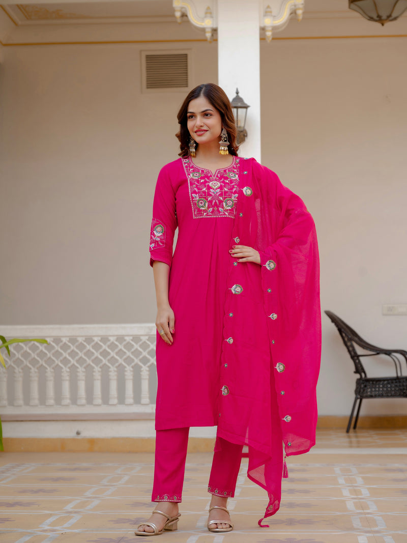 Pink Viscose Mango Silk Embroidered Kurti Set