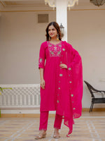 Pink Viscose Mango Silk Embroidered Kurti Set