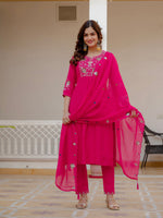 Pink Viscose Mango Silk Embroidered Kurti Set