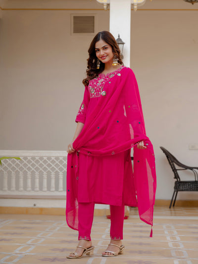 Pink Viscose Mango Silk Embroidered Kurti Set