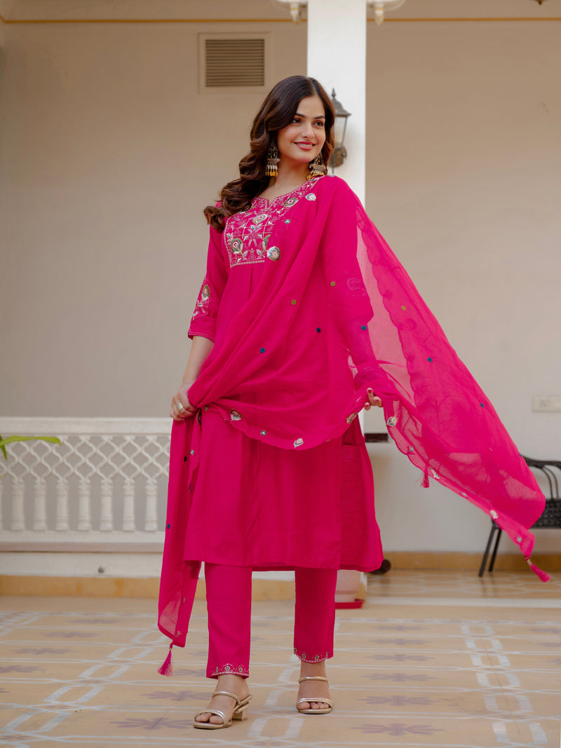 Pink Viscose Mango Silk Embroidered Kurti Set