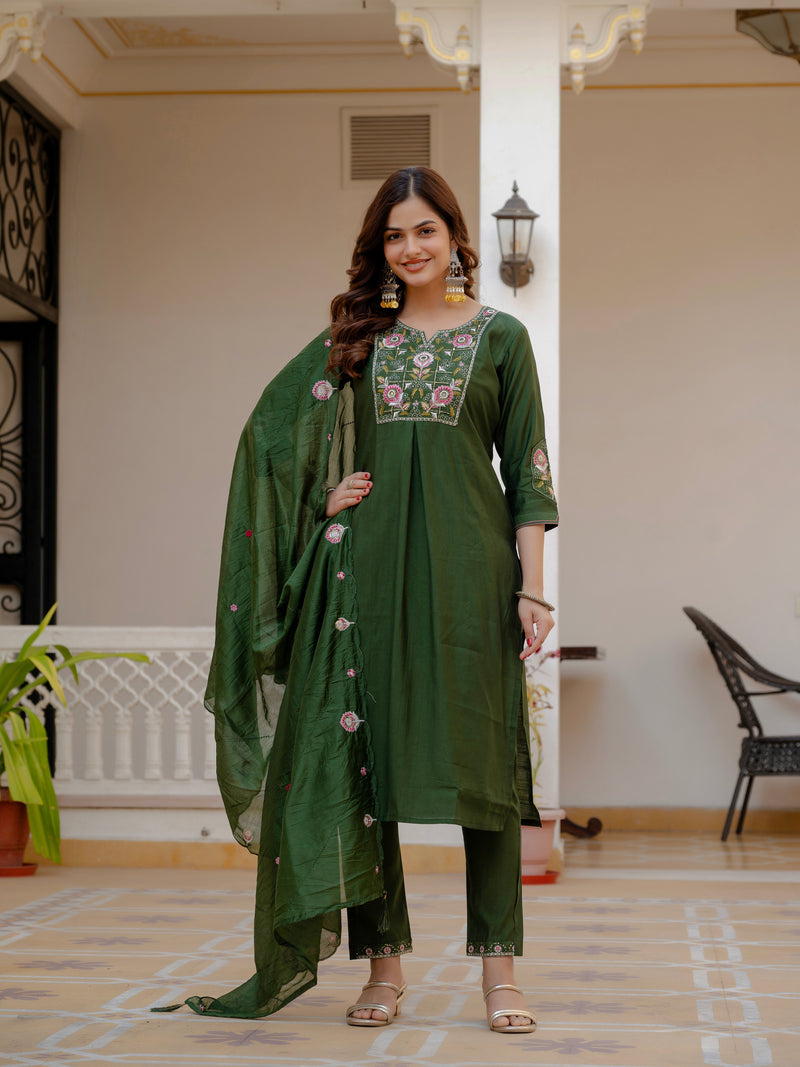 Green Viscose Mango Silk Embroidered Kurti Set