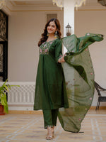 Green Viscose Mango Silk Embroidered Kurti Set