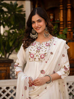 White Viscose Mango Silk Embroidered Kurti Set