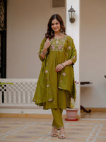 Mehndi Green Viscose Mango Silk Embroidered Kurti Set