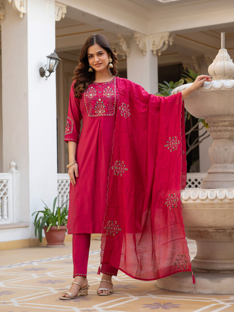 Pink Viscose Mango Silk Embroidered Kurti Set