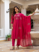 Pink Viscose Mango Silk Embroidered Kurti Set