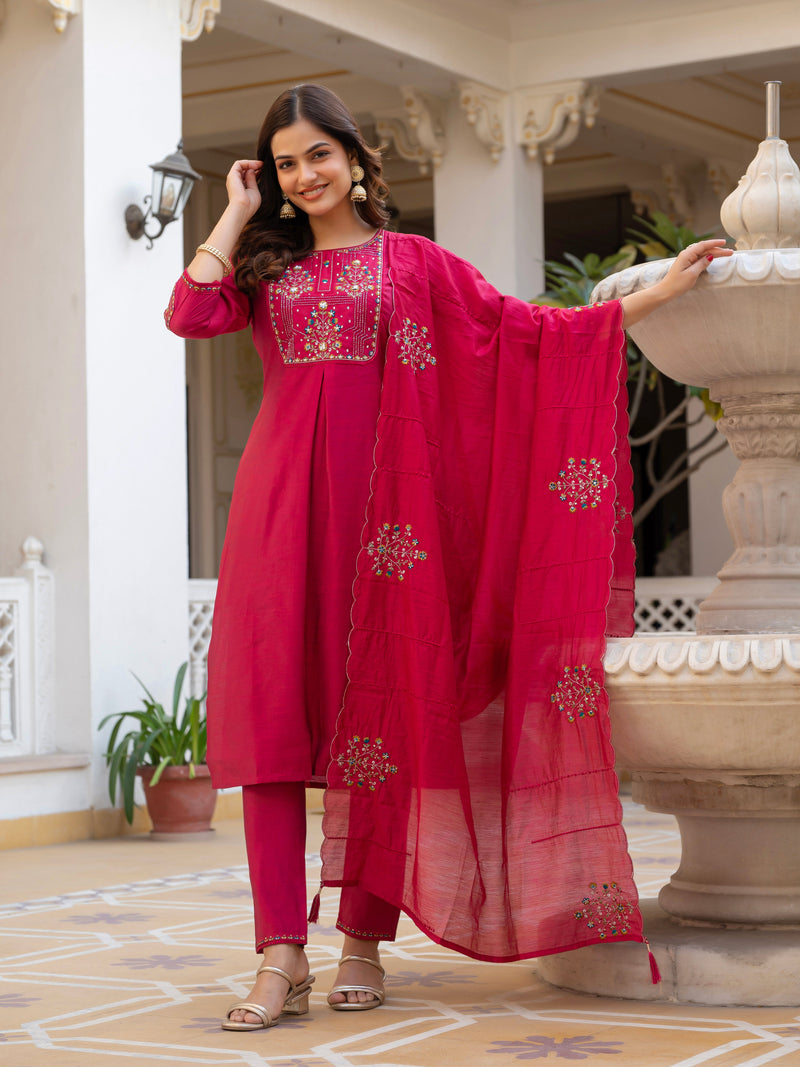 Pink Viscose Mango Silk Embroidered Kurti Set