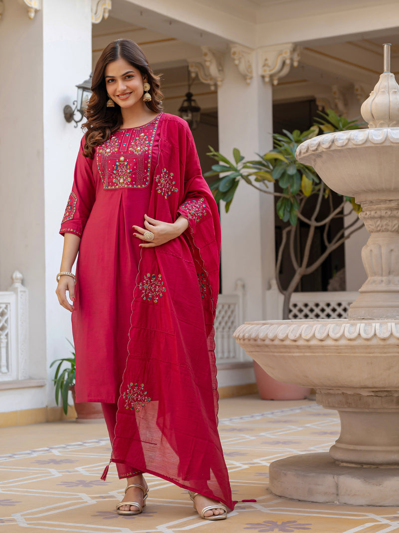 Pink Viscose Mango Silk Embroidered Kurti Set