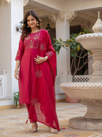 Pink Viscose Mango Silk Embroidered Kurti Set