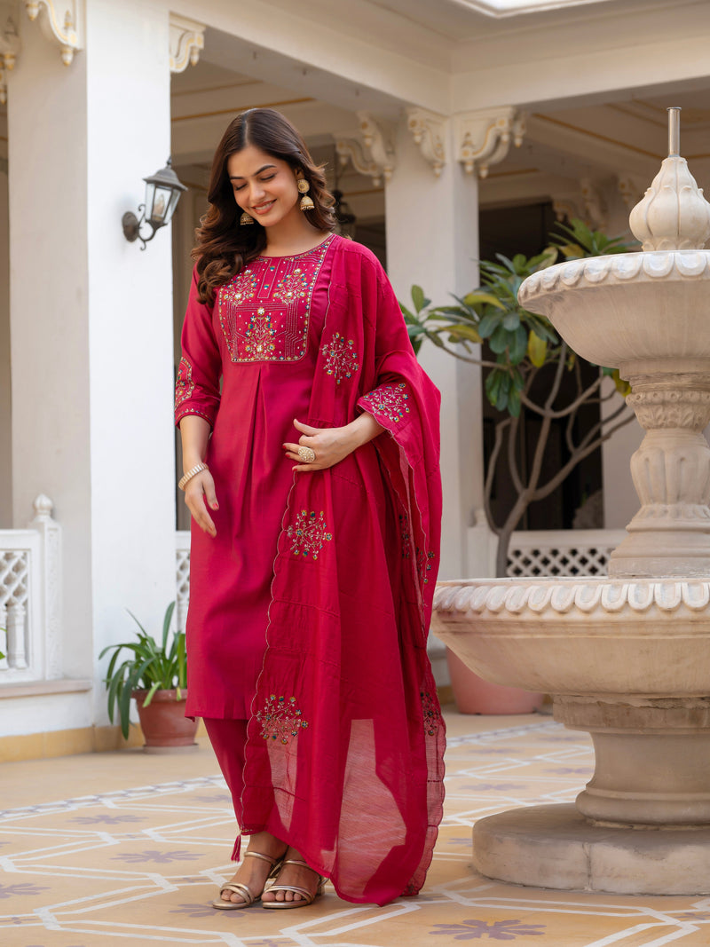 Pink Viscose Mango Silk Embroidered Kurti Set