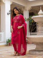 Pink Viscose Mango Silk Embroidered Kurti Set