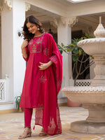 Pink Viscose Mango Silk Embroidered Kurti Set
