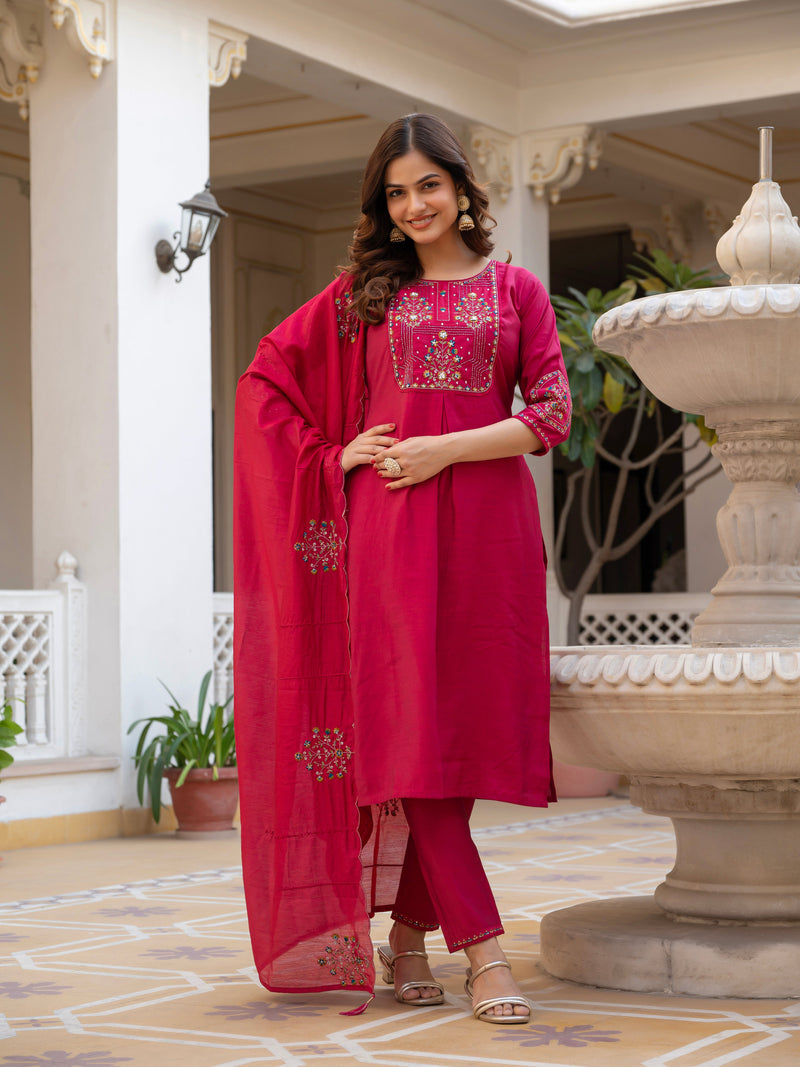 Pink Viscose Mango Silk Embroidered Kurti Set
