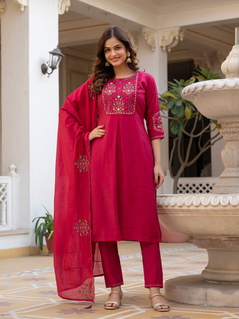 Pink Viscose Mango Silk Embroidered Kurti Set