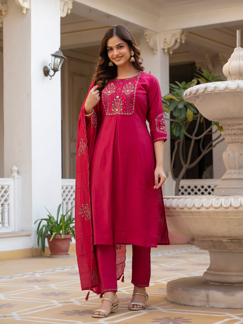Pink Viscose Mango Silk Embroidered Kurti Set