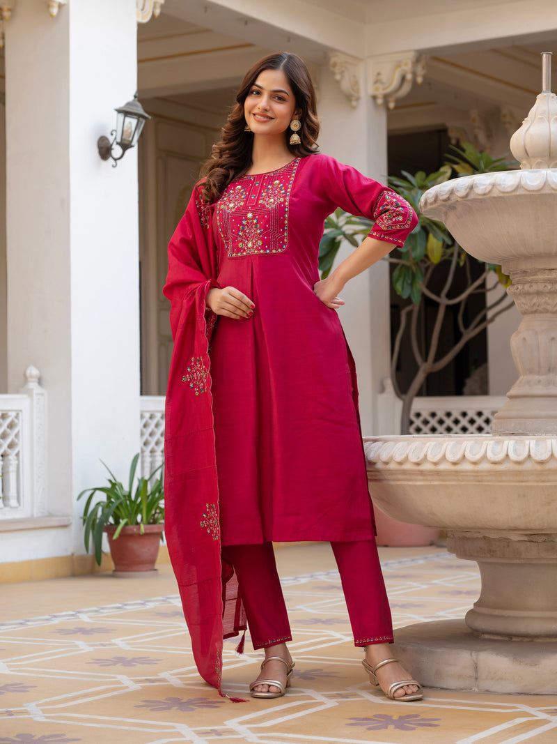 Pink Viscose Mango Silk Embroidered Kurti Set