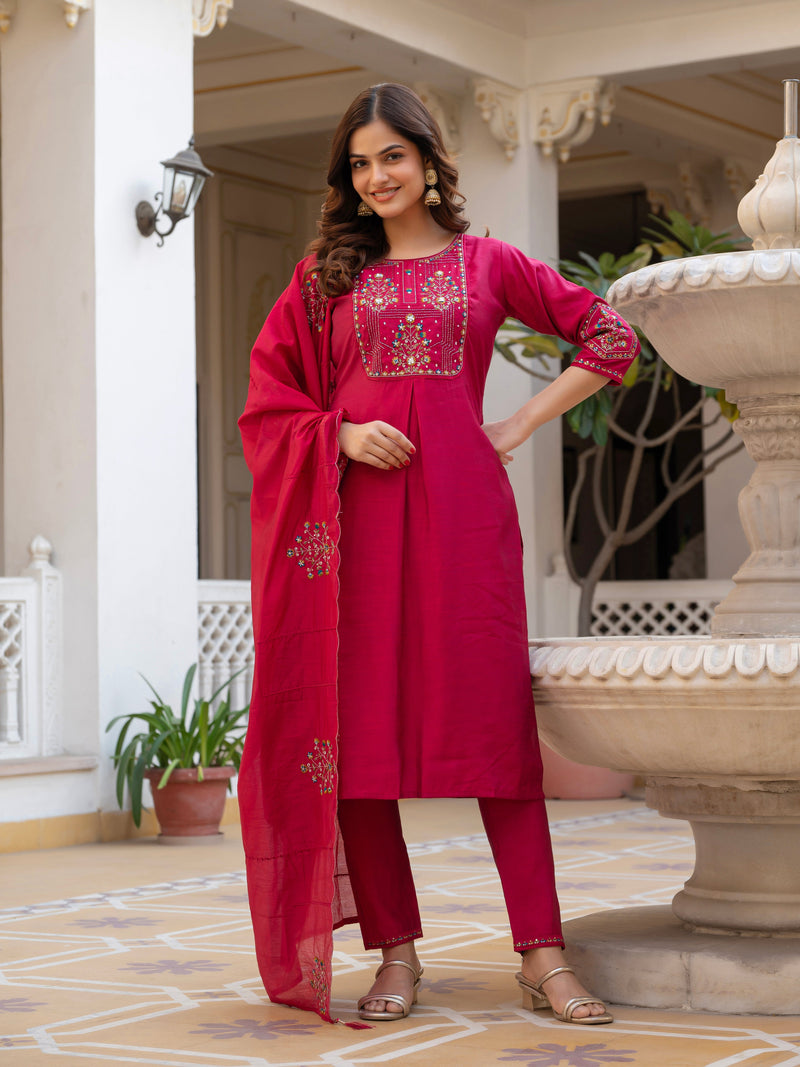 Pink Viscose Mango Silk Embroidered Kurti Set