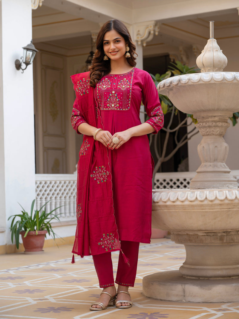 Pink Viscose Mango Silk Embroidered Kurti Set