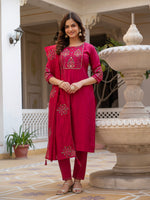 Pink Viscose Mango Silk Embroidered Kurti Set
