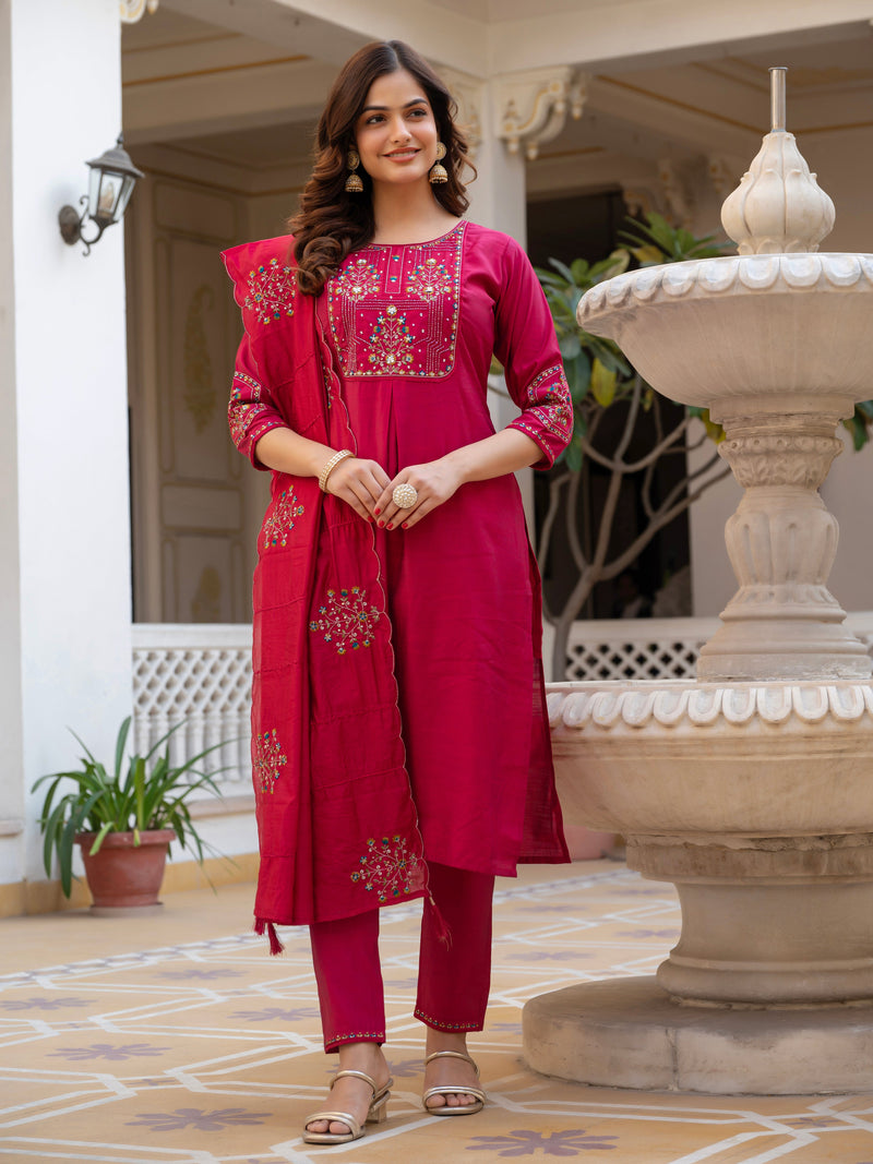 Pink Viscose Mango Silk Embroidered Kurti Set