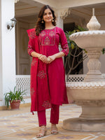 Pink Viscose Mango Silk Embroidered Kurti Set