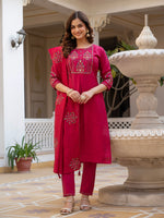 Pink Viscose Mango Silk Embroidered Kurti Set