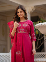 Pink Viscose Mango Silk Embroidered Kurti Set
