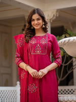 Pink Viscose Mango Silk Embroidered Kurti Set
