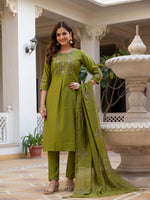 Mehndi Green Viscose Mango Silk Embroidered Kurti Set