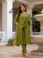 Mehndi Green Viscose Mango Silk Embroidered Kurti Set