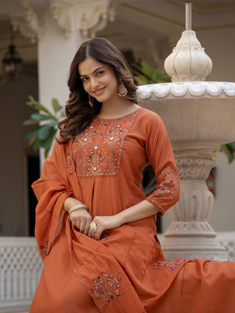 Rust Viscose Mango Silk Embroidered Kurti Set