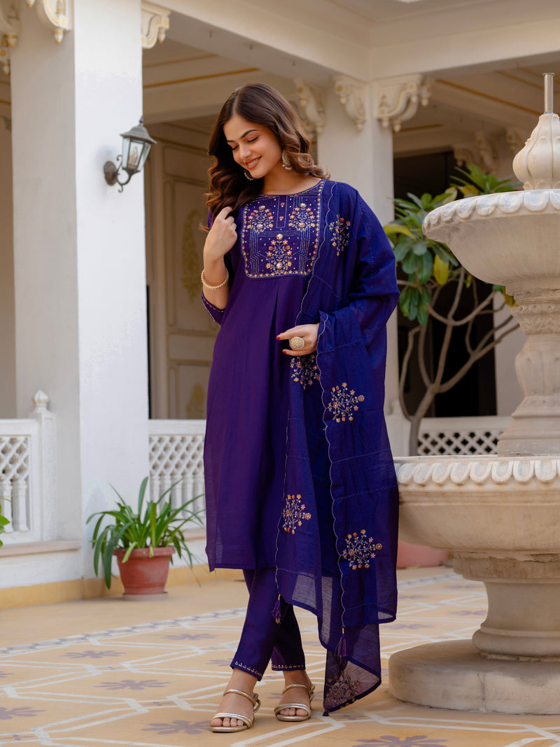Violet Viscose Mango Silk Embroidered Kurti Set