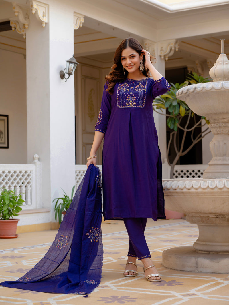 Violet Viscose Mango Silk Embroidered Kurti Set