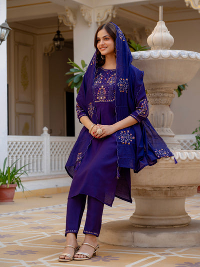 Violet Viscose Mango Silk Embroidered Kurti Set
