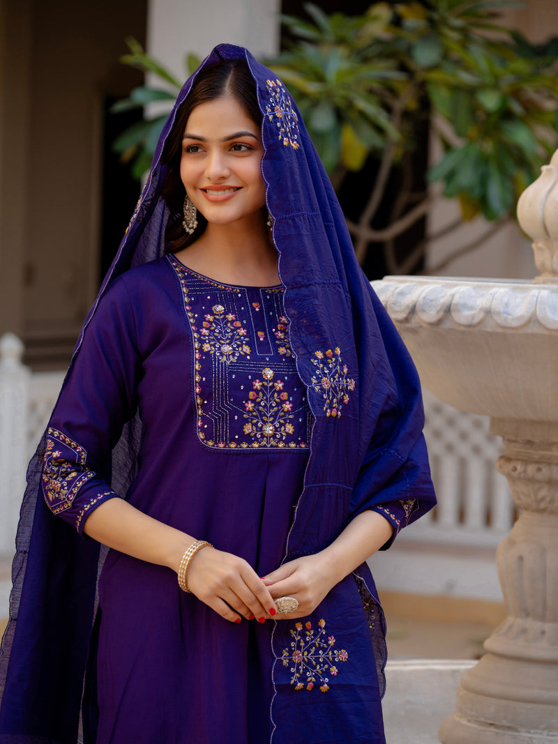 Violet Viscose Mango Silk Embroidered Kurti Set